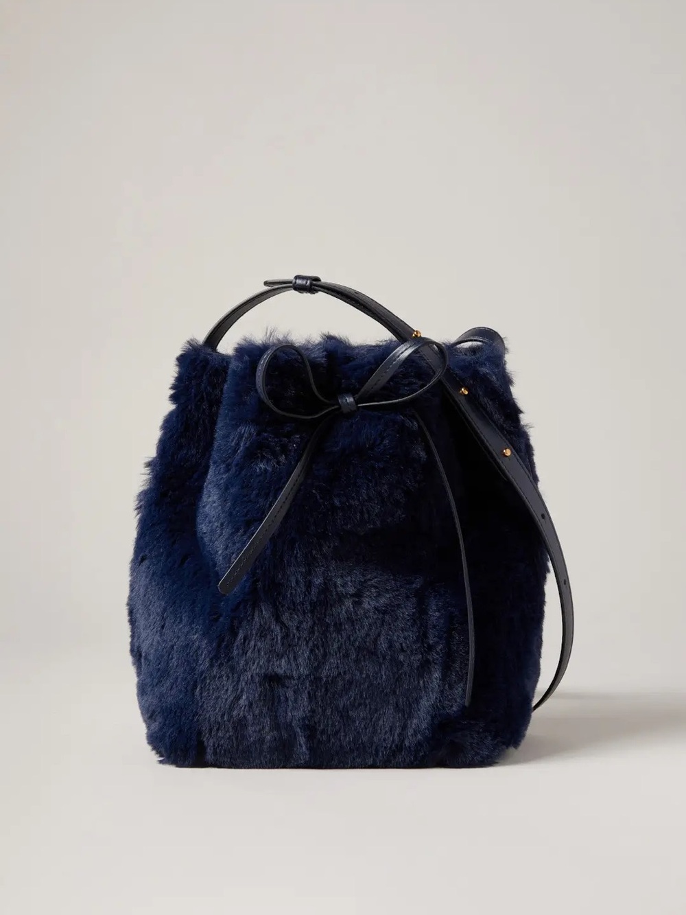 Mansur Gavriel Navy Faux Fur Bucket Bag with drawstring closure